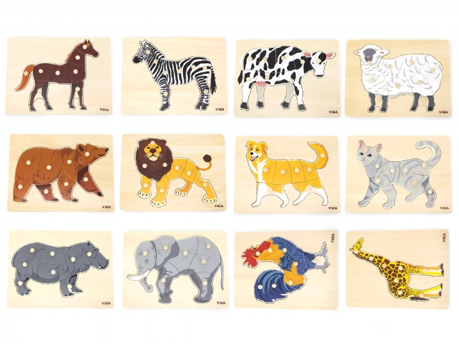 Komplet lesenih puzzlov 12 živali Montessori s stojalom Viga