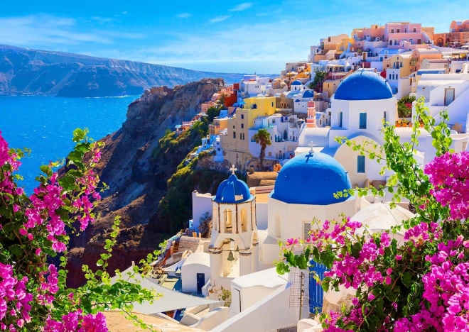 Puzzle Santorini s cvetjem, Grčija 1000 kosov