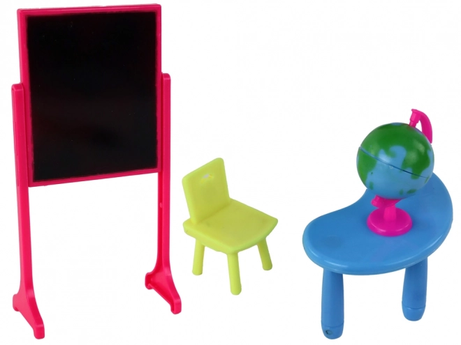 Učiteljica z učencem, šolski set z tablo in globusom