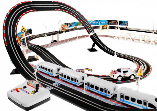 Električna železnica Racetrack 2v1 za otroke 6+ z daljinskim upravljanjem + lokomotive + vagoni + avtomobilčki