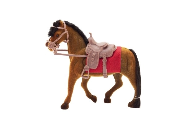 Konj iz pliša s sedlom 18cm 3 barve v škatli 16x16,5x5,5cm