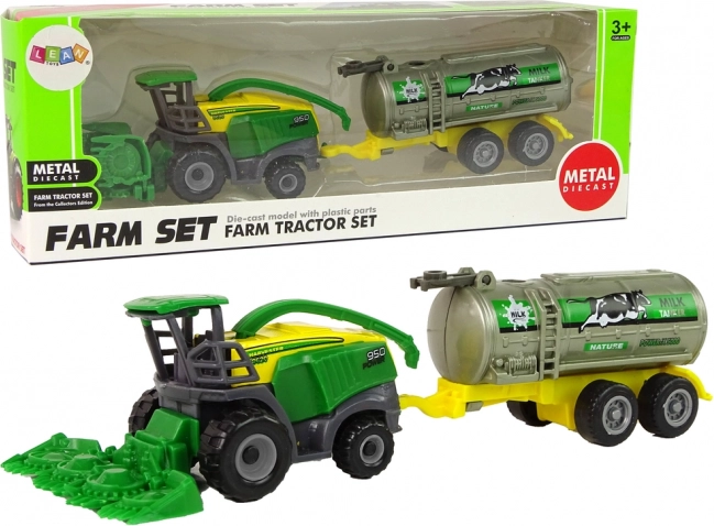 plastični kmečki traktor z zelenim priklopnikom za mleko