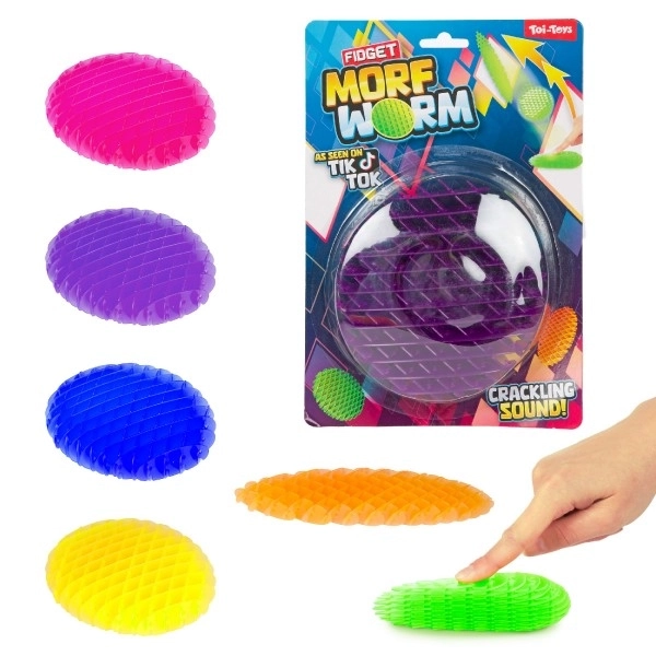 Fidget črv spreminjajoče oblike antistresna plastika 13cm 6 barv na kartici