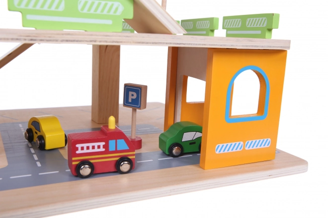 Lesena garažna steza z dvigalom + avtomobilčki Ecotoys