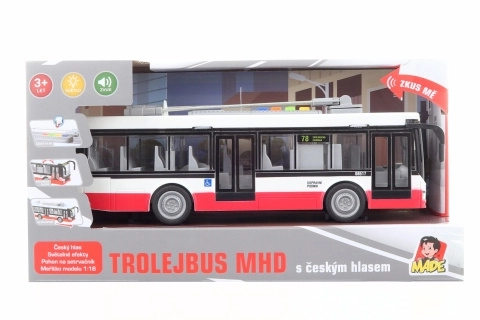 trolejbus s češkim glasom s vztrajnikom in svetlobnimi učinki 28 cm