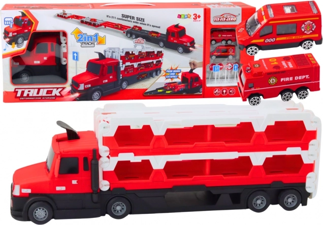 Tovornjak-avtotransporter 2v1 z izvlečno dirkalno progo, lučmi in zvoki – rdeč