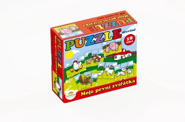 Lesene Puzzle Moje prve živalice 18 kosov za najmlajše v škatli 13x11,5x4,5cm 12m+ MPZ