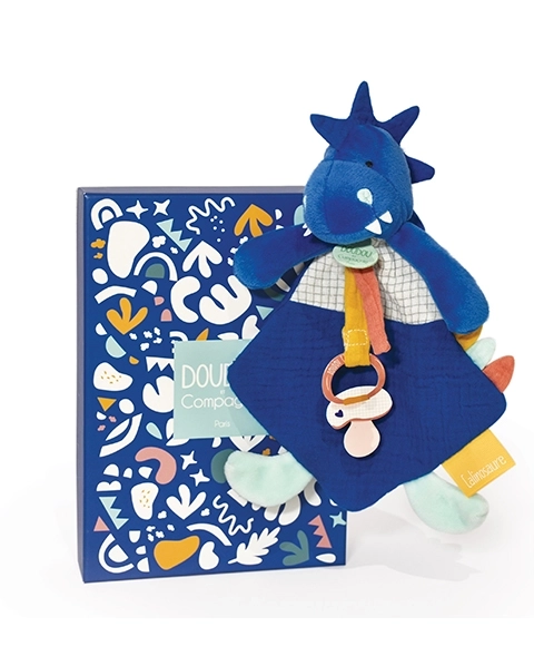 Doudou igrača z držalom za dudo dinozaver moder 23 cm