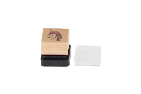 Lesena štampiljka 5+1 s blazinico samorogi 3x3cm na kartici