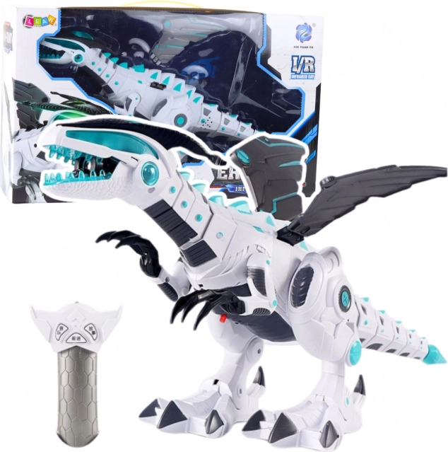RC robotski dinozaver na daljinsko upravljanje s svetlobnimi in zvočnimi učinki – bel
