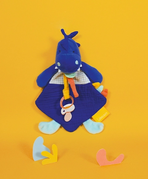 Doudou igrača z držalom za dudo dinozaver moder 23 cm