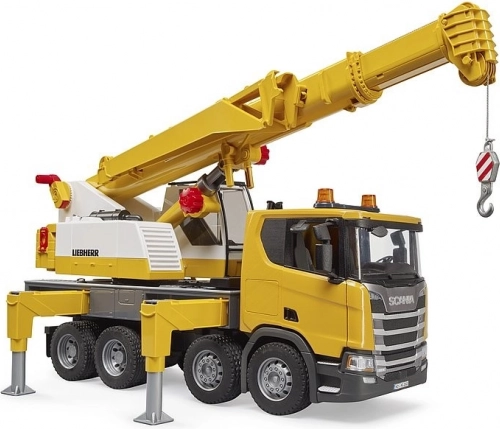 Bruder SCANIA z žerjavom LIEBHERR – mobilni žerjav 1:16 z lučmi in zvoki