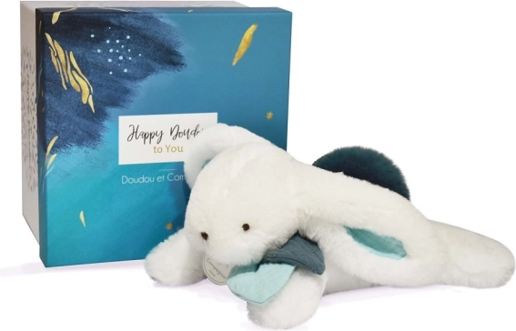 Darilni set DOUDOU – plišasti zajček s temno modro cofko 25 cm