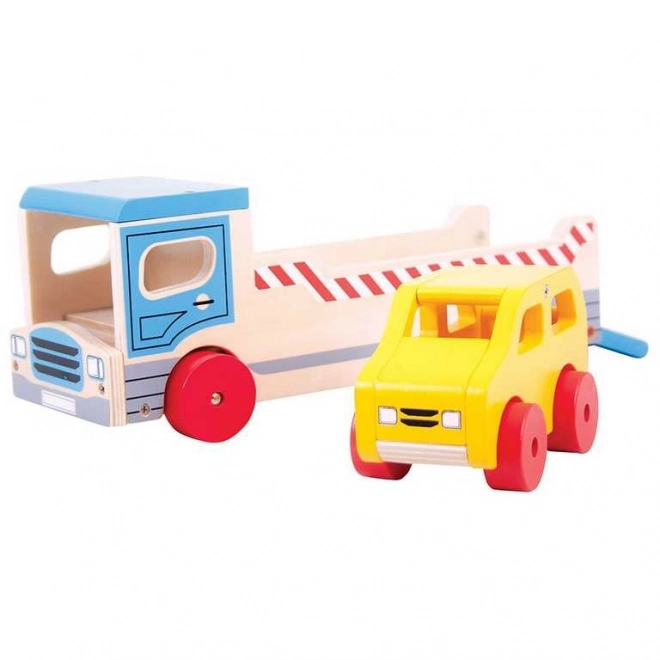 Bigjigs Toys Leseno vlečno vozilo z osebnim avtomobilom