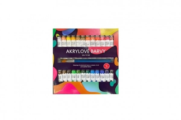 Akrilne barve 24x12ml s čopiči 3 kosi tudi za keramiko, steklo, kamne v škatli 22x22x2cm