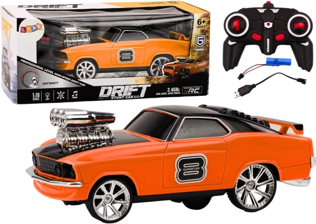 RC drift avto 1:18 s 360° driftom, lučmi in zvoki – oranžen