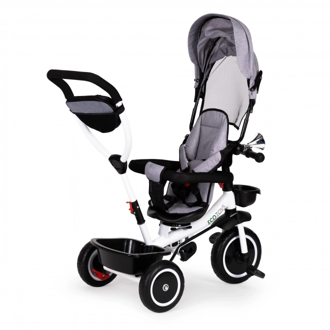 ECOTOYS Tricikel z nadstreškom in vodilno palico - siva