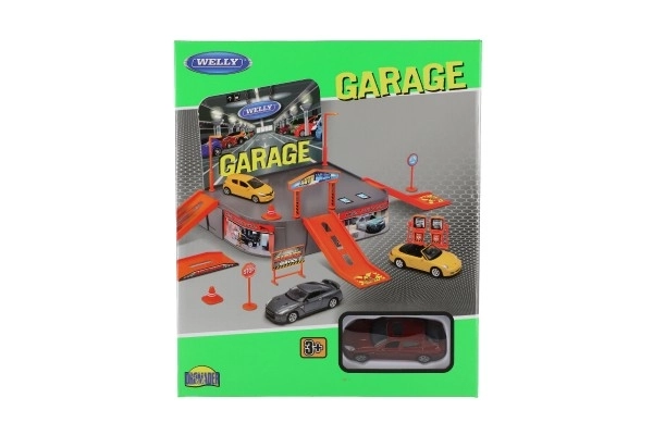 Garaža Welly + avto Welly Porsche kov/plast v škatli 21x25x5,5cm