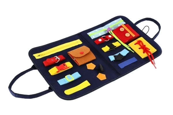 Izobraževalni etui filc zapenjanje in odpiranje zadrg in gumbov v vrečki 24x27x4cm