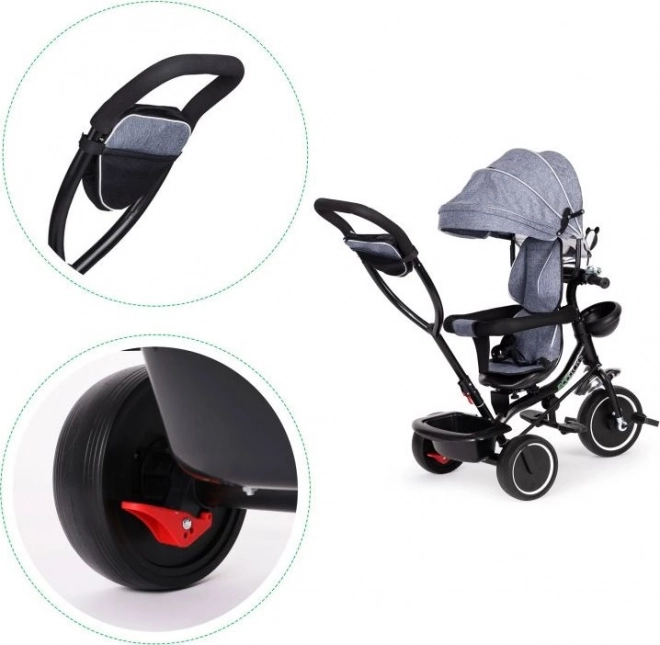ECOTOYS Tricikel s streho in vodilno palico siva