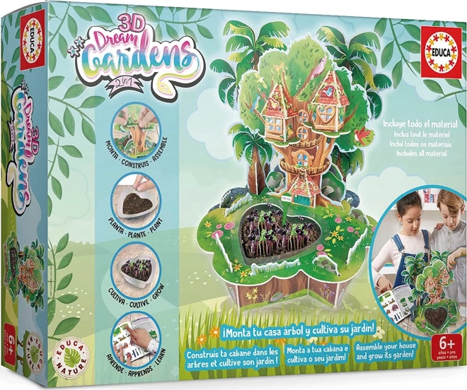 EDUCA 3D DREAM GARDENS: hiška na drevesu 2v1 – ustvarjalni set z mini vrtom