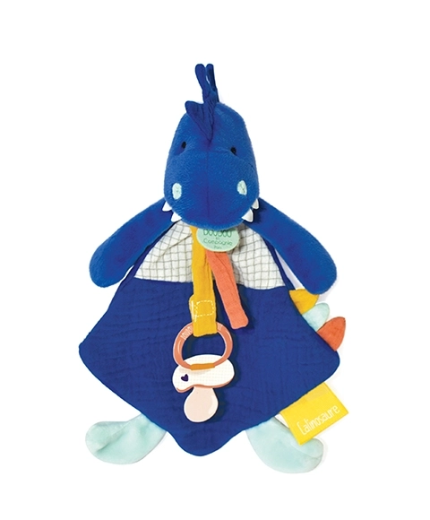 Doudou igrača z držalom za dudo dinozaver moder 23 cm