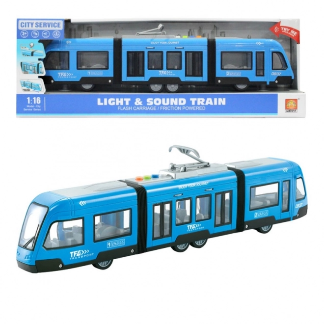 Tramvaj 1:16 na vztrajnik z odpirajočimi vrati ter svetlobnimi in zvočnimi učinki