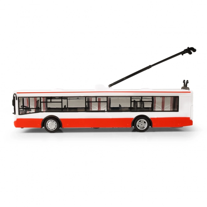 Trolejbus slovensko govoreči plast 29cm rdeč brezplačna vožnja na baterijah s svetlobo in zvokom v škatli 33x11x10cm