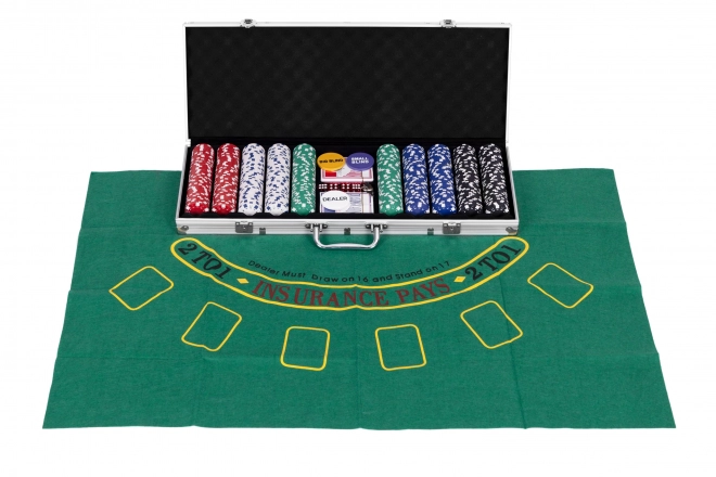 Poker in Blackjack set – 500 žetonov, 2 kompleta kart, kocke, igralna podloga, zaklenljiv kovček