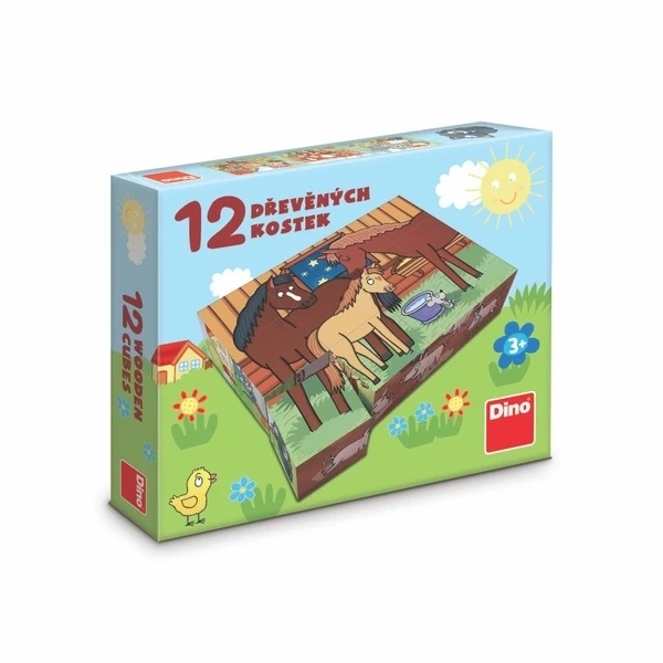 Kocke kubus domače živali les 12kos v škatli 21x18x4cm