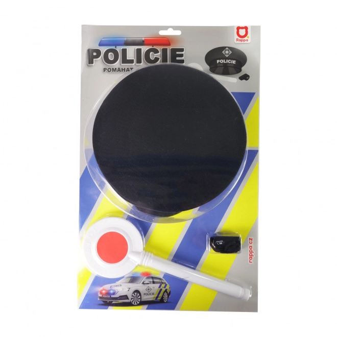 Set policija tkanina/plast kapa, znak, piščalka na kartonu 30x48x8cm