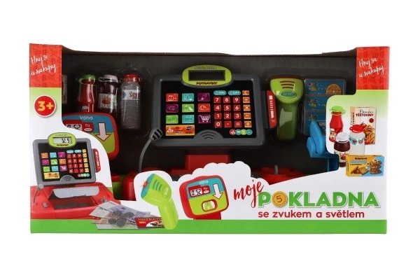 Velika digitalna plastična blagajna na baterije z zvokom in lučjo v škatli 48x25x18cm