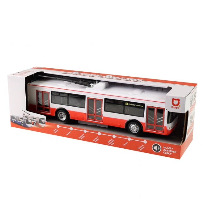Trolejbus slovensko govoreči plast 29cm rdeč brezplačna vožnja na baterijah s svetlobo in zvokom v škatli 33x11x10cm