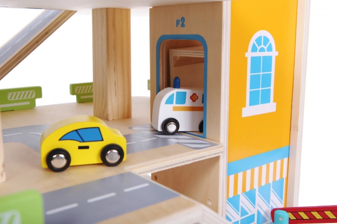 Lesena garažna steza z dvigalom + avtomobilčki Ecotoys