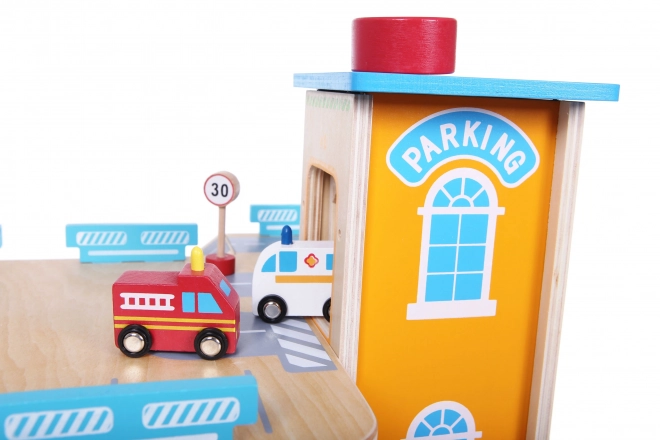 Lesena garažna steza z dvigalom + avtomobilčki Ecotoys