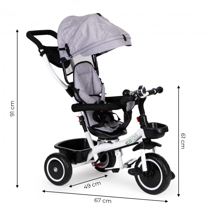 ECOTOYS Tricikel z nadstreškom in vodilno palico - siva