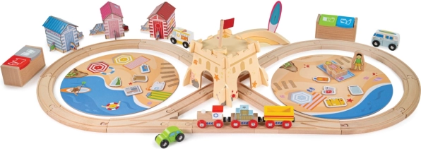 Lesena vlakovna proga BIGJIGS RAIL čiščenje obale, 70 kosov