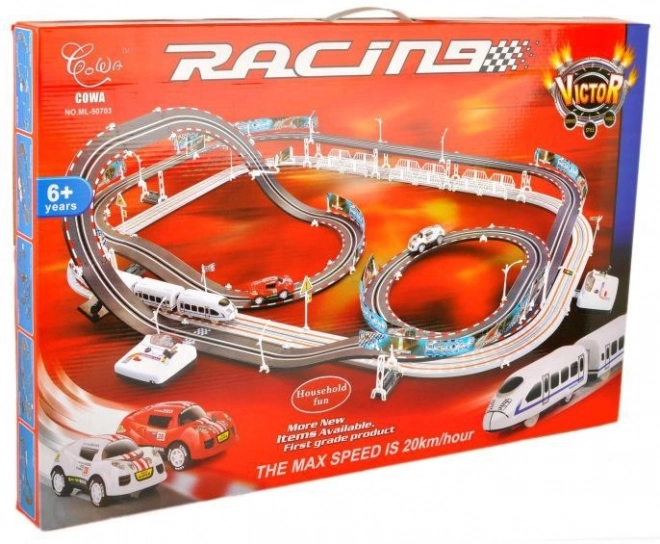 Električna železnica Racetrack 2v1 za otroke 6+ z daljinskim upravljanjem + lokomotive + vagoni + avtomobilčki