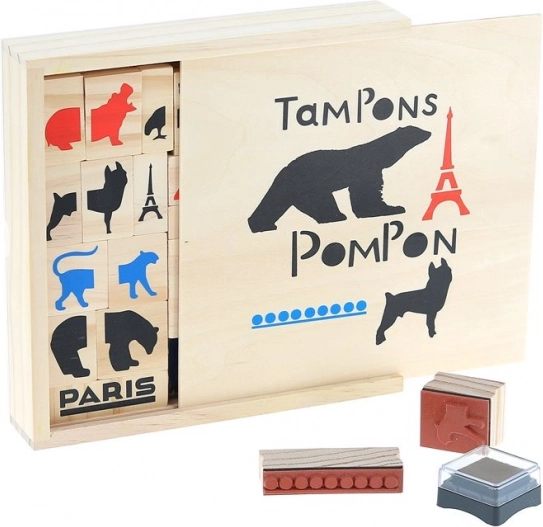 Leseni žigi POMPON TOYS – ustvarjalni set 23 kosov z blazinicami za črnilo