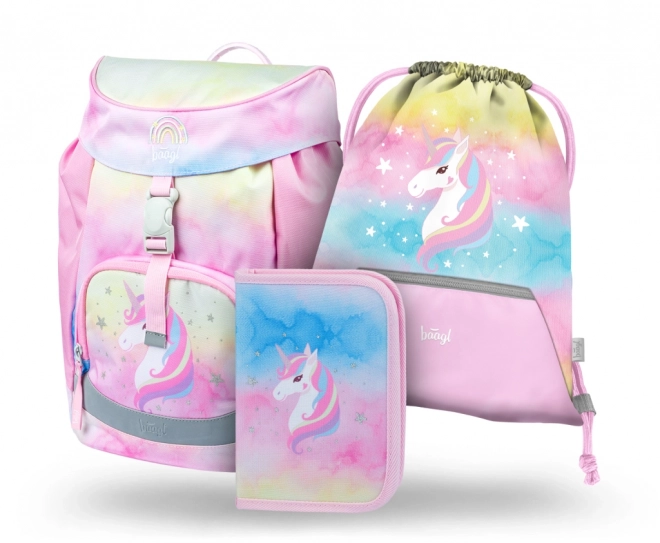 BAAGL SET 3 Airy Rainbow Unicorn: šolska torba, peresnica, vrečka