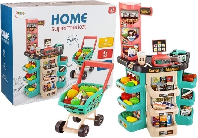 Otroški supermarket set s košarico, blagajno, tehtnico in skenerjem (47 kosov)