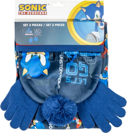 Otroški zimski komplet SONIC – kapa s cofom, rokavice in ovratnik