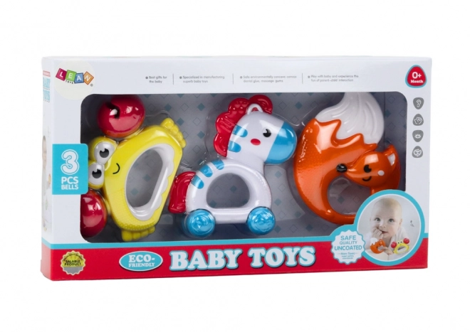 Set igrač za otroke Ropotuljice Zebra Rak Lisica 3 kosi