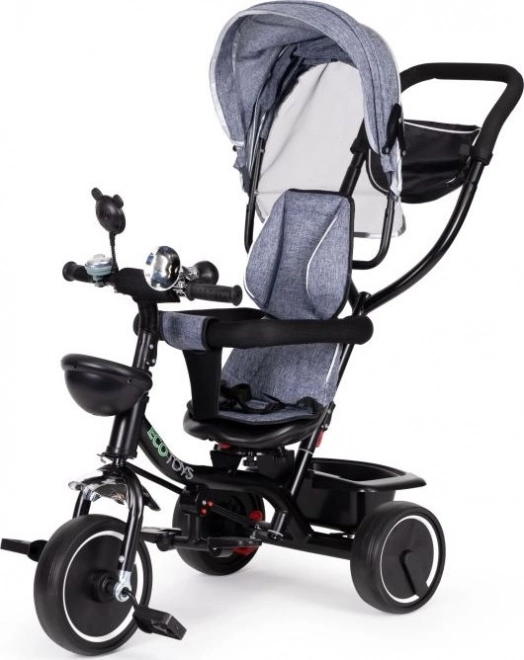 ECOTOYS Tricikel s streho in vodilno palico siva