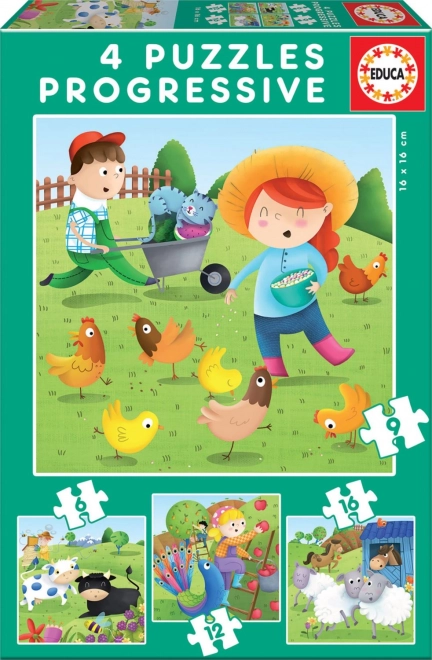 Educa puzzle Živali s kmetije 4v1 (6–16 koščkov)