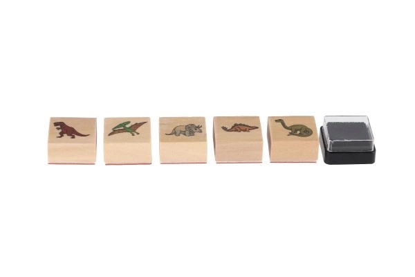 Leseni žigi 5+1 s blazinico dinozavri 3x3cm na kartonu