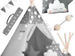 Otroški teepee NUKIDO z lučkami in girlando – sivo z zvezdicami