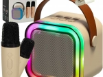 Karaoke set z Bluetooth zvočnikom, 2 mikrofonoma in LED osvetlitvijo 6 W – bež