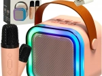 Karaoke set z bluetooth zvočnikom, 2 brezžična mikrofona in LED osvetlitvijo 6 W – rožnata