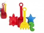 Plastični komplet za pesek z lopatko, grabljicami in modelčki v mrežasti vrečki